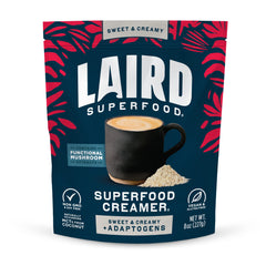 Laird Superfood frente del paquete mostrando bolsa y etiqueta, beneficio claridad de ingredientes