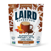 Laird Superfood envase frontal de latte maple mostrando diseño y tamaño, conveniencia inmediata