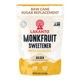 Lakanto empaque frontal que muestra golden monk fruit y ventaja sin calorías