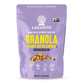 Lakanto paquete frontal mostrando granola sin azúcar y beneficio práctico