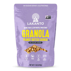 Lakanto paquete frontal mostrando granola sin azúcar y beneficio práctico