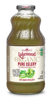 Lakewood botella frontal mostrando etiqueta y pureza orgánica del jugo