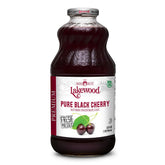 Lakewood botella frontal de jugo de cereza negra mostrando volumen y marca