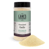 Lane's frasco frontal de ajo granulado mostrando etiqueta clara y práctico vertido