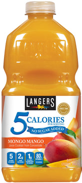 Langers frente del envase Mongo Mango mostrando etiqueta y beneficio bajo en calorías