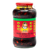 LAO GAN MA frasco frontal mostrando tamaño y etiqueta, añade sabor consistente