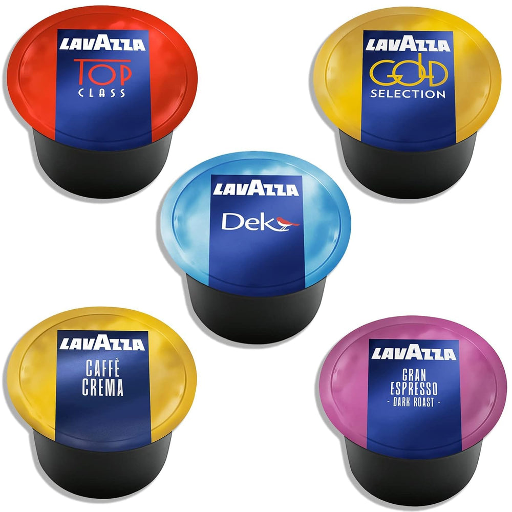 Lavazza Blue frontal de la caja mostrando 100 cápsulas y variedad de sabores