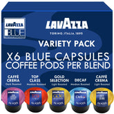 Lavazza Blue frente del empaque de 30 cápsulas mostrando variedad y conveniencia