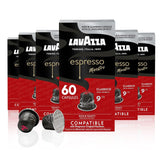 Lavazza cajas pack 60 cápsulas frontal mostrando cantidad y compatibilidad, conveniencia diaria