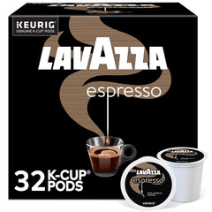 Lavazza pack frontal mostrando 32 cápsulas K-Cup y conveniencia de uso