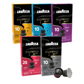 Lavazza frontal del paquete surtido mostrando las seis variedades y beneficio de elección