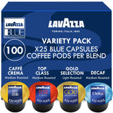 Lavazza pack frontal mostrando las 100 cápsulas y beneficios de variedad