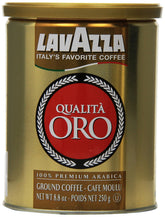 Lavazza Qualità Oro lata frontal mostrando diseño y facilidad de almacenamiento