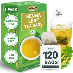 LeafLea frente del empaque mostrando 3 cajas y 120 bolsas, conveniencia familiar