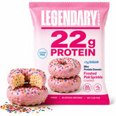 Legendary Foods dona frontal rosa con sprinkles, apariencia apetitosa y baja en carbos