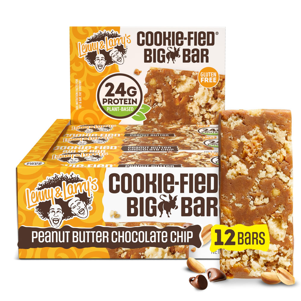 Lenny & Larry's empaque frontal del Cookie-fied BIG BAR mostrando información clave