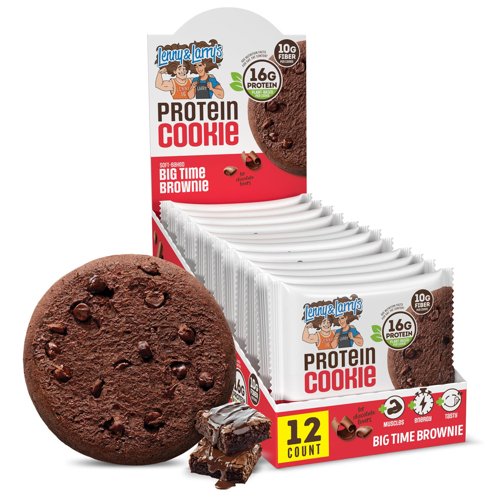 Lenny & Larry's frente del paquete Big Time Brownie mostrando marca y sabor