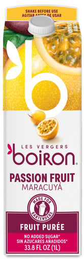 Les Vergers Boiron cartón frontal mostrando maracuyá y detalle del envase