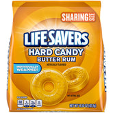 Life Savers frontal del envase mostrando sabor butter rum y conveniencia