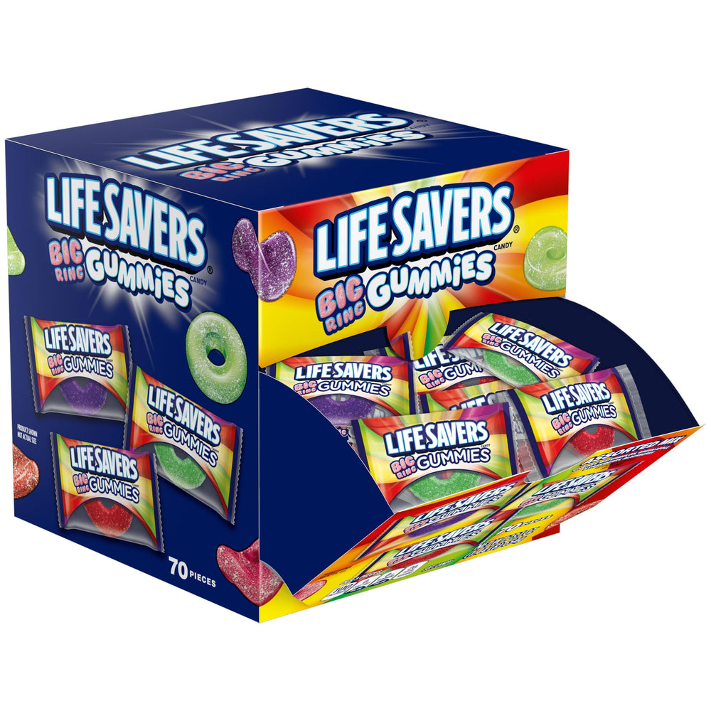 Life Savers caja frontal mostrando 70 gomitas para almacenamiento