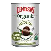 Lindsay frasco frontal mostrando aceitunas negras orgánicas, práctico y listo para usar
