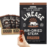 Lineage Provisions frente del empaque mostrando 3 pouches y ventaja de proteína alta