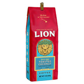 Lion Coffee bolsa frontal mostrando marca y sabor coco, conveniencia y aroma