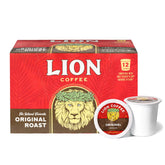 Lion Coffee empaque frontal mostrando caja de 12 cápsulas y ventaja de conveniencia