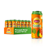 Lipton Fusions lata frontal mostrando la etiqueta y refresco visible