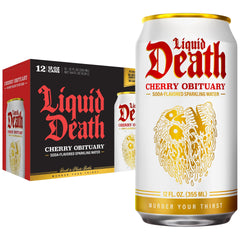 Liquid Death lata frontal con diseño agresivo y sabor cereza, impacto visual