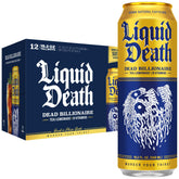 Liquid Death Dead Billionaire lata de frente mostrando diseño y tamaño