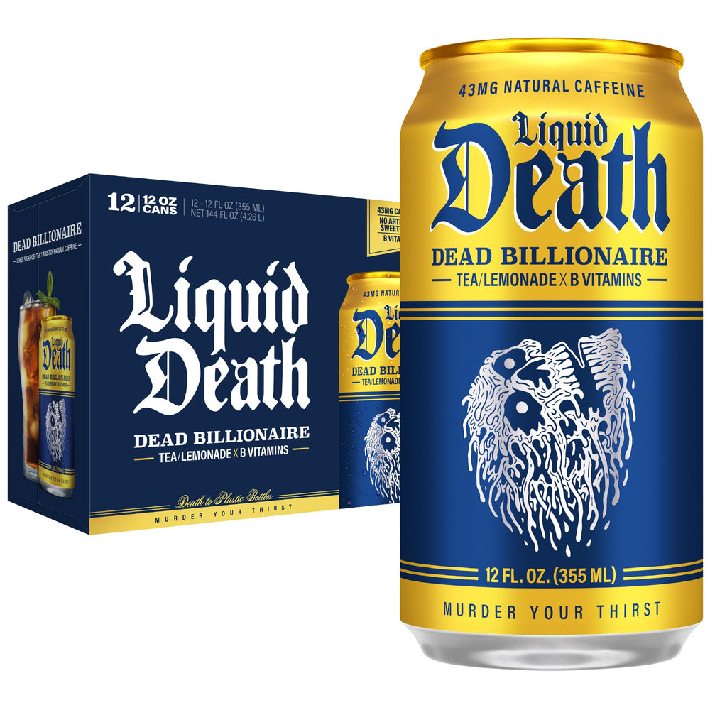 Liquid Death lata frontal mostrando diseño y beneficio menos azúcar
