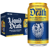 Liquid Death lata frontal mostrando diseño y beneficio menos azúcar