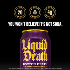 Liquid Death etiqueta con detalle de ingredientes, azúcar 2 g y kosher