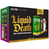 Liquid Death vista frontal del pack de 12 latas con menor azúcar