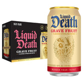 Liquid Death lata frontal mostrando diseño y sabor a toronja beneficioso refrescante