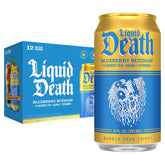 Liquid Death lata frontal Blueberry Buzzsaw mostrando diseño y beneficio bajo en azúcar