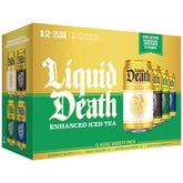 Liquid Death lata frontal del pack mostrando variedad de sabores y atractivo visual