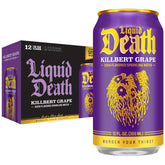 Liquid Death lata frontal mostrando diseño y sabor uva, atractivo visual
