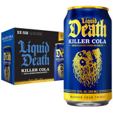 Liquid Death lata frente mostrando diseño y sabor cola, atractivo visual