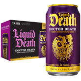 Liquid Death lata frontal Doctor Death mostrando diseño y sabor intenso