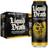 Liquid Death lata frontal mostrando diseño y mantener agua fría beneficios estéticos