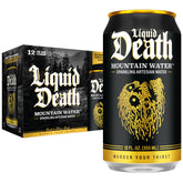 Liquid Death lata frontal mostrando diseño y beneficio reciclable