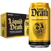 Liquid Death lata frontal mostrando diseño y sabor mango naranja beneficios refrescante