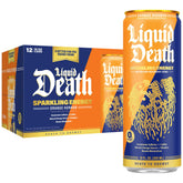 Liquid Death lata frontal naranja y crema, diseño claro y llamativo