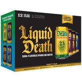 Liquid Death pack frontal mostrando las cuatro variedades y beneficio sabor intenso