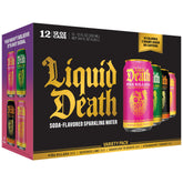 Liquid Death pack frontal mostrando las doce latas y variedad de sabores