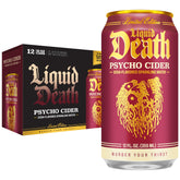 Liquid Death Psycho Cider frente del empaque mostrando lata y sabor