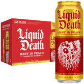 Liquid Death lata frontal Rest In Peach mostrando etiqueta y durazno, ideal para elegir sabor