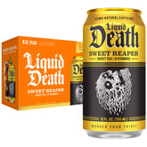 Liquid Death lata frontal con diseño distintivo y sabor té negro dulce, refresca al instante